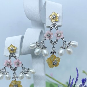 VIDEO .30 ct. Yellow and Pink Mother of Pearl and Multi Gemstone Carved Flower Earrings in Sterling Silver