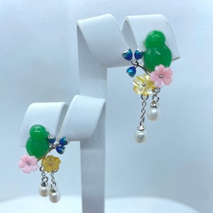 2.80 ct. Green Jade and Multi Gemstone Carved Earrings in 925 Sterling Silver