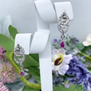 VIDEO 0.85 ct. Royal Thai Ruby and Natural White Zircon Earrings in Platinum Over 925 Sterling Silver