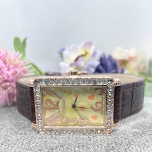 Austrian Crystal Japanese Movement Water Resistant Floral Pattern Watch with Brown Faux Leather Band & Stainless Steel Back