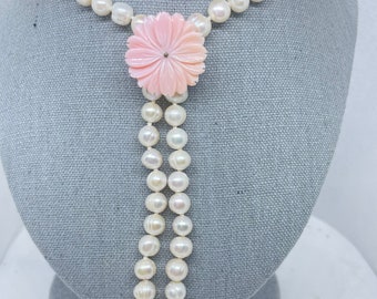 JARDIN COLLECTION Pink Mother of Pearl, Freshwater Cultured Pearl Necklace in Sterling Silver with Magnetic Lock (30")
