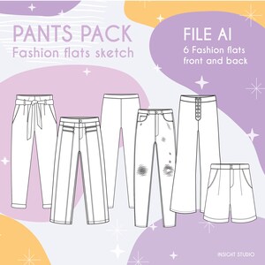 Fashion flat, Fashion technical drawing, Fashion vector sketch, Fashion sketch, Vector for illustrator, Editable file, Fashion pants, Pants
