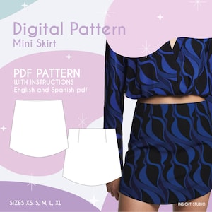 Sewing Pattern, Skirt Pattern, Womens Skirt, Sewing Patterns, Mini Skirt, PDF printable sewing pattern, Mini Skirt PDF Pattern, Sices XS-Xl