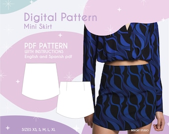 Sewing Pattern, Skirt Pattern, Womens Skirt, Sewing Patterns, Mini Skirt, PDF printable sewing pattern, Mini Skirt PDF Pattern, Sices XS-Xl