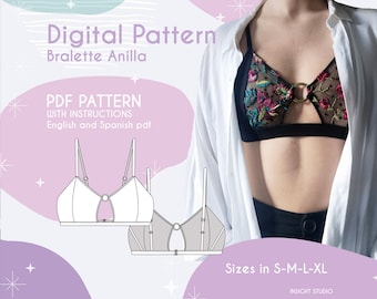 Patrón Bralette, Patrón Sujetador, Patrón Top, Patrón Costura, Patrón digital PDF, Descarga instantánea, Patrón lencería,Tallas S-XL,Costura