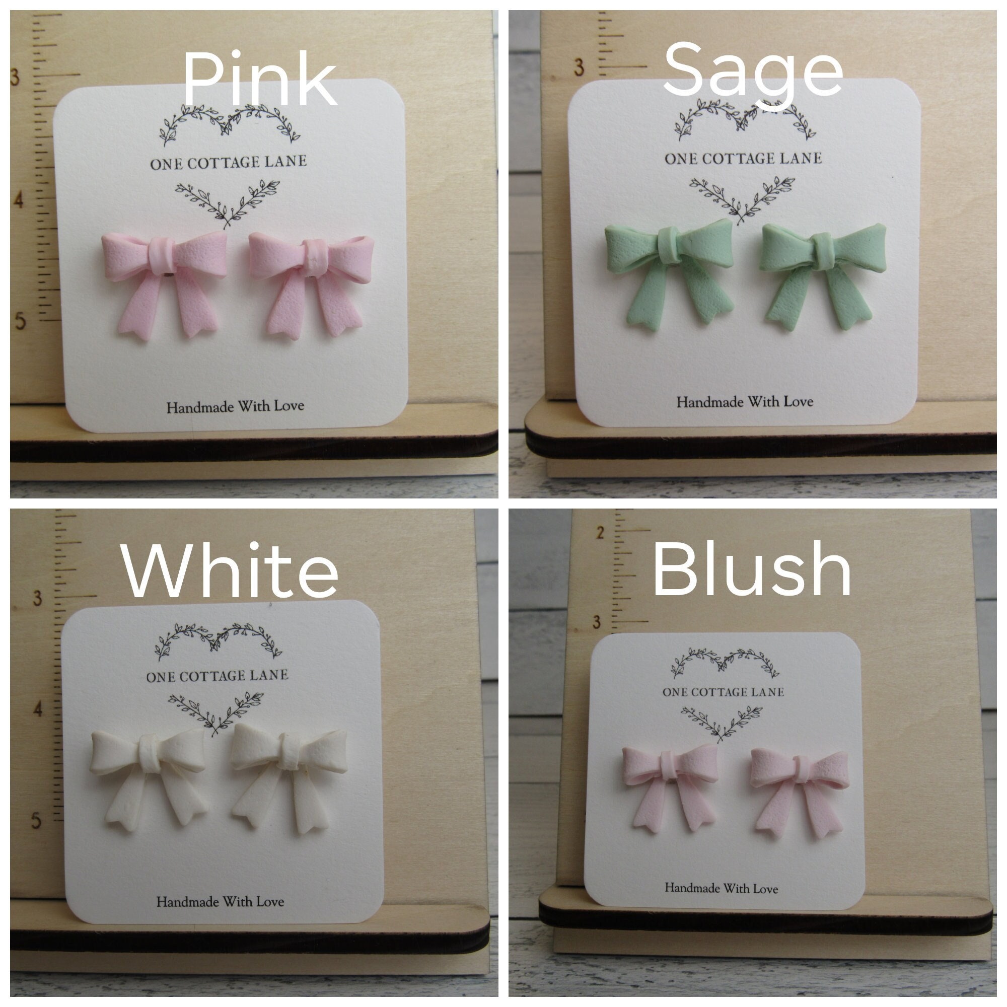 Handgemachte 3D-Bogen-Ohrringe aus Polymer Clay, wahlweise in Rosa, Blush, Weiß, Salbei, Niedlich für Frühling, Sommer