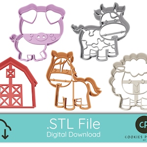 May include: A set of five 3D printed cookie cutters in the shape of a barn, pig, cow, horse, and sheep. The cutters are red, pink, grey, brown, and white.
