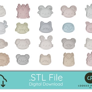 Peut inclure: Un ensemble de 20 fichiers STL numériques pour l'impression 3D de découpes à biscuits représentant différents visages d'animaux dans des couleurs pastel. Les motifs comprennent un lion, un panda, un chat, une licorne, un lapin, un ours, un singe, un cochon, et plus encore.