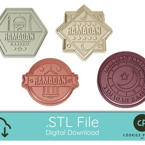May include: Four 3D printed cookie cutters in different colors and designs for Ramadan. The cutters feature the words "Ramadan Kareem" and crescent moon and star designs.