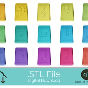 May include: A set of 15 colorful 3D printed cookie cutters shaped like musical notes. The cutters are arranged in three rows of five. The cutters are made of a light blue, green, yellow, purple, red, and orange plastic.