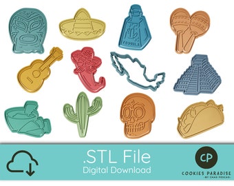 May include: A set of 12 Mexican-themed cookie cutters, including a sombrero, a guitar, a cactus, a skull, a taco, a maraca, a tequila bottle, a luchador mask, a chili pepper, a pyramid, and an outline of Mexico. The cutters are made of a light blue, green, yellow, orange, and red plastic.