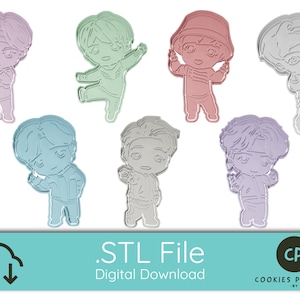 May include: Set of eight 3D printable STL files for cookie cutters. The cutters are shaped like cartoon characters with different colored outlines. The text "STL File" and "Digital Download" is at the bottom of the image. The text "Cookies Paradise" is at the bottom right of the image.