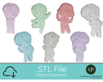 May include: Set of eight 3D printable STL files for cookie cutters. The cutters are shaped like cartoon characters with different colored outlines. The text "STL File" and "Digital Download" is at the bottom of the image. The text "Cookies Paradise" is at the bottom right of the image.
