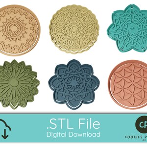 May include: Six different cookie cutters with intricate mandala designs. The cutters are in various colors, including teal, green, brown, and beige. The cutters are arranged in two rows of three. The image includes the text '.STL File Digital Download' and 'COOKIES PARADISE - BY CHAO PESCAO -'.