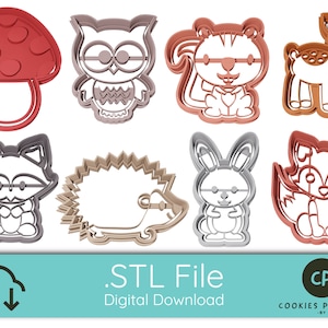 Può includere: Set di 8 file STL per la stampa 3D di stampini per biscotti. Gli stampini hanno la forma di un fungo, un gufo, uno scoiattolo, un cervo, un procione, un riccio, un coniglio e una volpe. Gli stampini sono di vari colori, tra cui rosso, marrone, grigio e arancione.