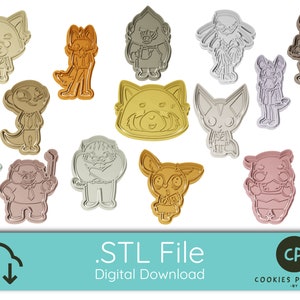 Puede incluir: Una descarga digital de 14 archivos STL para la impresión 3D de cortadores de galletas. Los cortadores presentan varios personajes de dibujos animados en diferentes colores metálicos, incluyendo oro, plata y oro rosa.