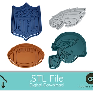 May include: Four 3D printed cookie cutters: a football, a helmet with an eagle logo, an eagle head, and the NFL logo. The cutters are in various colours, including blue, brown, teal, and grey.