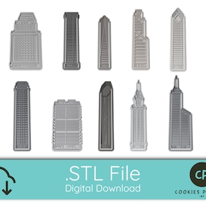 May include: A digital download of 10 STL files for 3D printing. The files are for cookie cutters shaped like different skyscrapers. The image shows the cookie cutters in a silver colour.