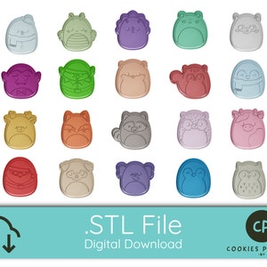 Op de afbeelding: Een set van 20 STL-bestanden voor het 3D-printen van koekjesuitstekers met verschillende dierenontwerpen. De uitstekers worden getoond in verschillende kleuren, waaronder paars, groen, rood, goud, oranje, grijs, blauw en bruin.
