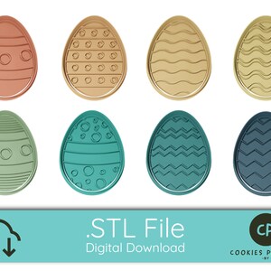 May include: Eight different Easter egg cookie cutter designs. The cutters are in various colors, including peach, beige, green, and blue. Each cutter features a unique pattern, such as stripes, dots, waves, and zigzags. The text on the image reads '.STL File Digital Download' and 'COOKIES PARADISE - BY CHAO PESCAO -'.
