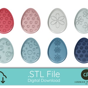 Könnte beinhalten: Acht verschiedene STL-Dateien zum 3D-Druck von Oster-Eier-Ausstechern. Die Designs beinhalten Kreise, Punkte und Blumen. Die Dateien stehen zum digitalen Download bereit.