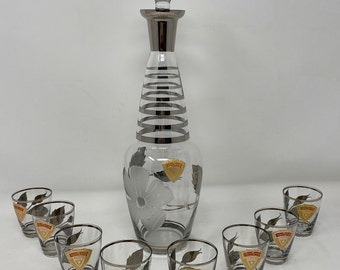 Vintage Czech Bohemia Genuine Jeweled Murmac Decanter & 8 Glasses w/ Label and Platinum Stripes and Leaf Design on Bottle and Glasses