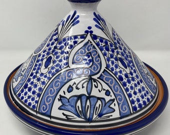 Terracotta Tangine Pot with Lid from Tunisia Hand Painted  Blue and White Cookware Crockpot Signed "Bachmara Tunisia"