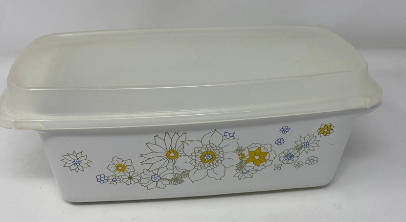 Vintage Corning Ware Floral Bouquet Loaf Pan with Plastic Storage Lid RARE image 1