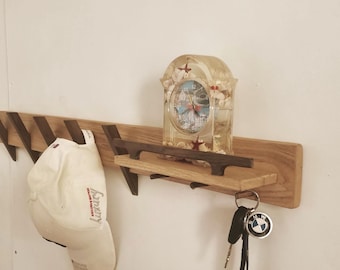 Oak Entryway Shelf with Dark Hooks: Wall Mounted Coat Rack Organizer