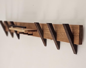 Oak Wall Mounted Coat Rack with Shelf & Dark Hooks