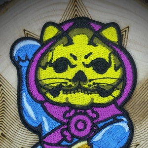SKELETOR Lucky Cat Maneki Neko Mashup embroidery patch morale Comics hook and loop Master of Universe He-Man Evil Demon Mask keldor Randor