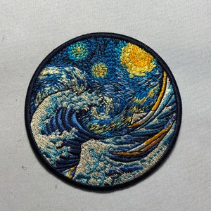 Starry night van gogh the great wave off kanagawa patch morale japan emblem japanese the wave art of tsunamis hurricane nippon hokusai