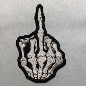 Bird Flipping MIDDLE FINGER Skeleton Skull Bone Embroidered Patch Morale biker iron on or hook and loop hand Bones Biker