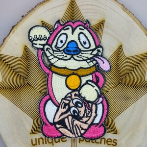 REN Lucky Cat Maneki Neko Mashup embroidery patch morale Comics hook loop cartoon Canada American dark Humor funny & STIMPY