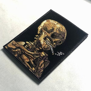 Van Gogh Skull Embroidered Patch: Artistic Morale Emblem, Skeleton with Burning Cigarette - Inspired by Dutch Painter's Timeless Vision