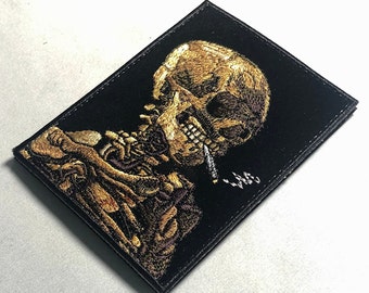 Van Gogh Skull Embroidered Patch: Artistic Morale Emblem, Skeleton with Burning Cigarette - Inspired by Dutch Painter's Timeless Vision