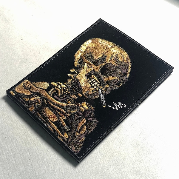 Van Gogh Skull Embroidered Patch: Artistic Morale Emblem, Skeleton with Burning Cigarette - Inspired by Dutch Painter's Timeless Vision