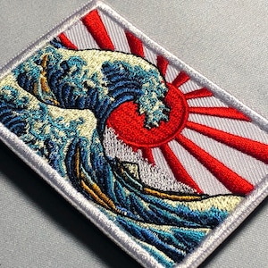 The GREAT WAVE off KANAGAWA Morale Patch - Japanese Emblem - The Wave Art of Tsunamis, Hurricanes - Nippon Hokusai Dekai Japanese Sun