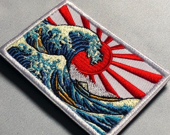 The GREAT WAVE off KANAGAWA Morale Patch - Japanese Emblem - The Wave Art of Tsunamis, Hurricanes - Nippon Hokusai Dekai Japanese Sun