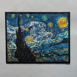 Embroidered STARRY NIGHT Painting Patch Vincent Van Gogh Art Asylum Saint Remy View Dutch Painter Celestial Sky and Emotional Mastery