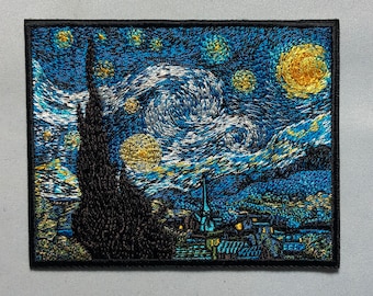 Embroidered STARRY NIGHT Painting Patch Vincent Van Gogh Art Asylum Saint Remy View Dutch Painter Celestial Sky and Emotional Mastery