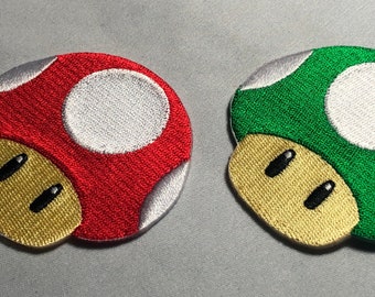 Mario's Red or Green Super Magic Mushroom Iron-On Patch - Embroidered Badge for Jackets - Applique with Hook and Loop - Power Up Mega Emblem