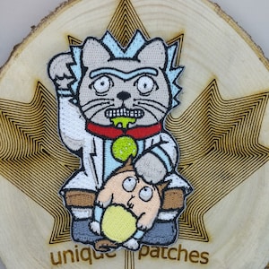 RICK & Lucky Cat Maneki Neko Mashup embroidery patch morale Comics hook loop cartoon American dark Humor funny Sanches mad scientist