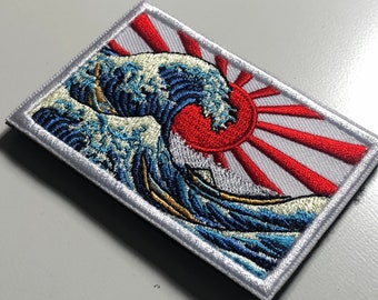 The GREAT WAVE off KANAGAWA Morale Patch - Japanese Emblem - The Wave Art of Tsunamis, Hurricanes - Nippon Hokusai Dekai Japanese Sun