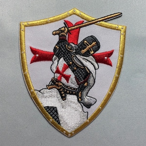 KNIGHT Swinging Sword Tactical Patch morale Crusader Templar Cross God Wills It Shield Christian Church In this sign thou shalt conquer