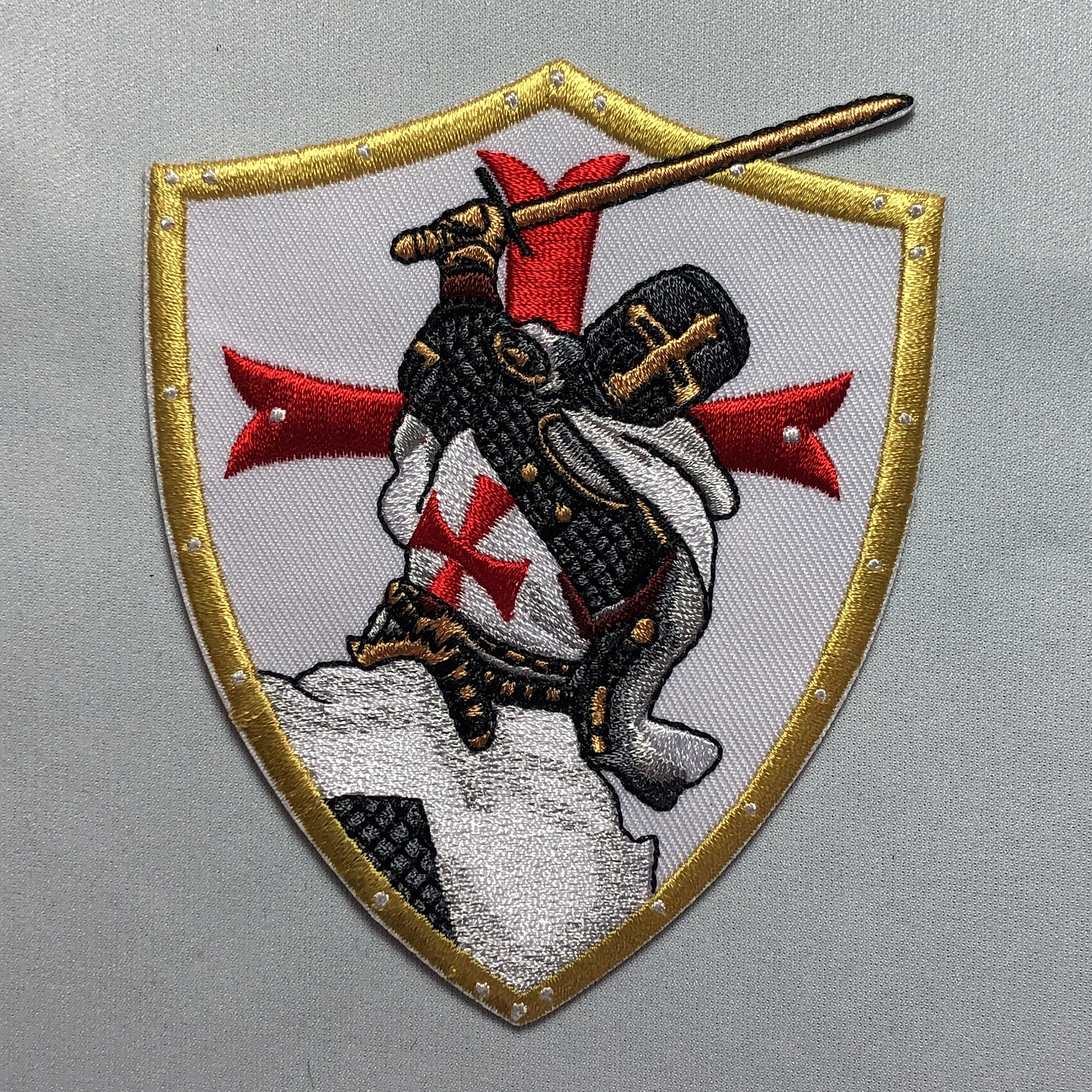 KNIGHT Swinging Sword Tactical Patch morale Crusader Templar Cross God Wills It Shield Christian Church In this sign thou shalt conquer