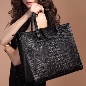 Crocodile Embossed Bag Genuine Leather Tote Bag, Leather Work Bag, Crocodile Embossed Tote Bag Black Leather Laptop Bag