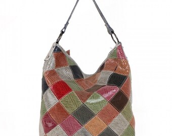 Patchwork Bag Women, Colorful Bag, Genuine Leather Shoulder Bag, Vintage Tote Bag, Snake Pattern Bag