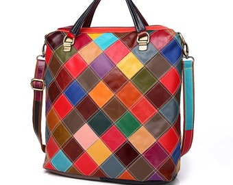 Patchwork Bag for Women, Genuine Leather Shoulder Bag, Vintage Tote Bag, Colorful Purse, patchwork backpack, patchwork tote bag