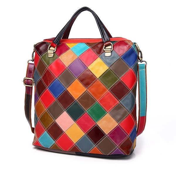 Bolso de patchwork para mujer, bolso de hombro de cuero genuino, bolso de mano vintage, monedero colorido, mochila de patchwork, bolso de mano de patchwork